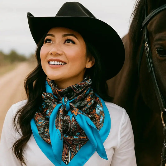 Smiling woman in cowboy hat with horse