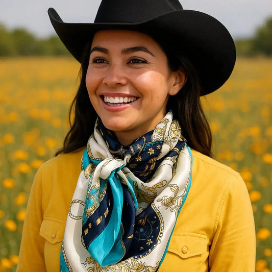 Cowgirl in cowboy hat smiling, wearing a scarf in a field of yellow flowers