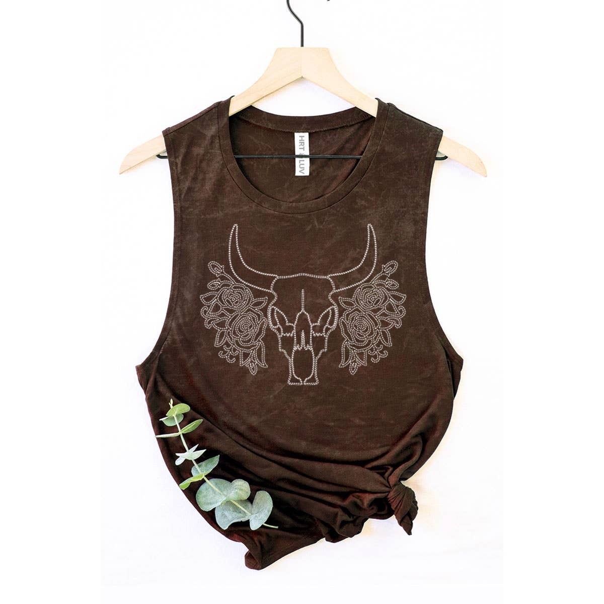 Brown tank top with bull skull graphic.