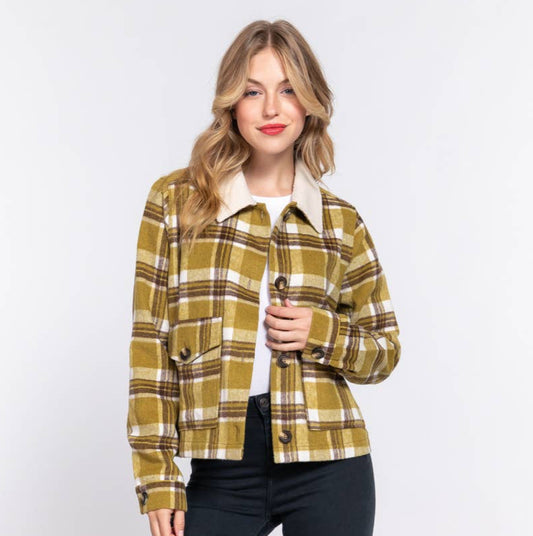 Faux Fur Collar Olive Plaid Shacket