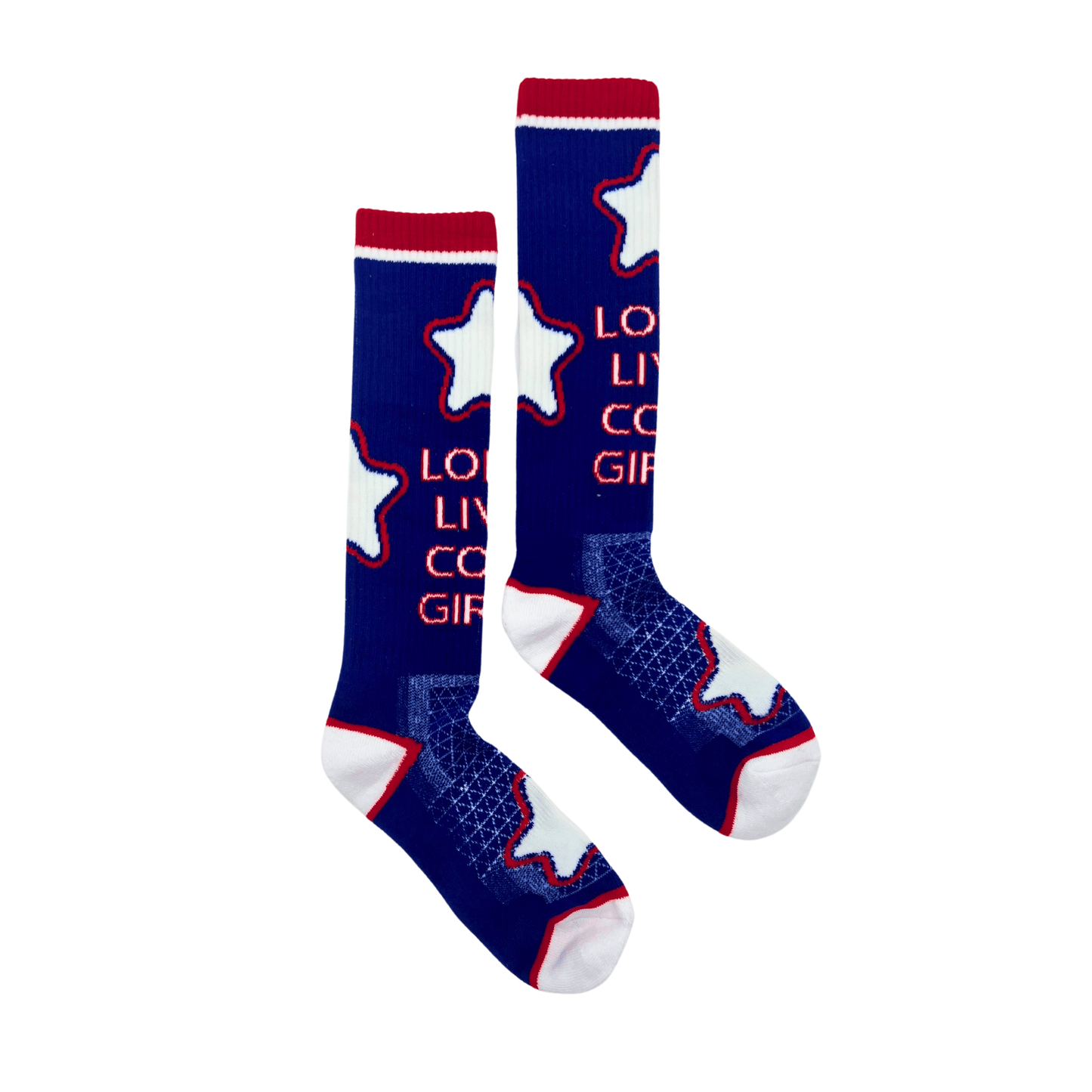 Pair of blue socks with white stars and red trim.