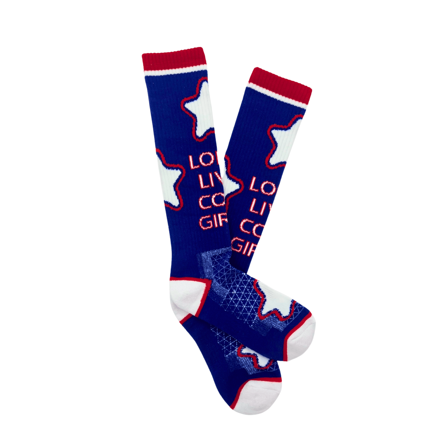 Blue socks with stars and text.
