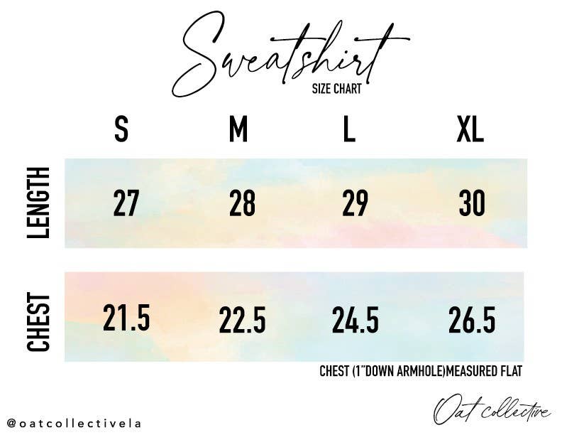 Sweatshirt size chart with length and chest measurements.