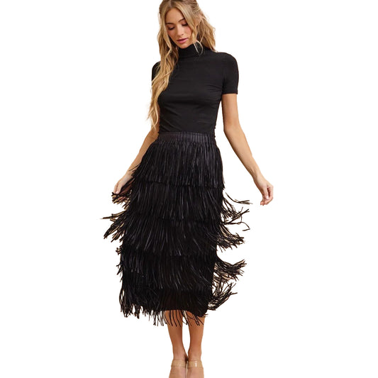 Layered Fringe Tiered Maxi Skirt in Black