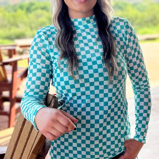 Woman in teal checkered top.