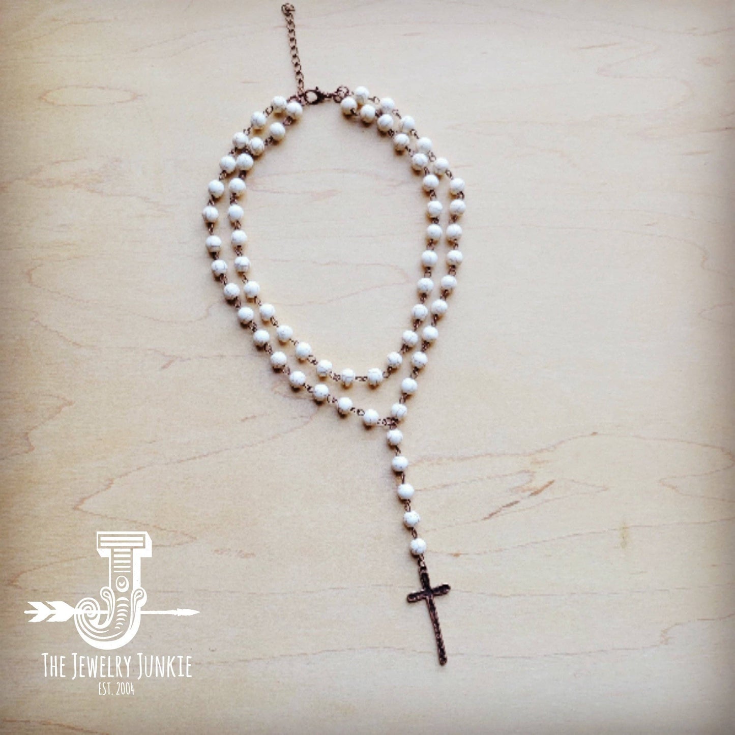 Double Strand Lariat White Turquoise Necklace wit Cross Charm