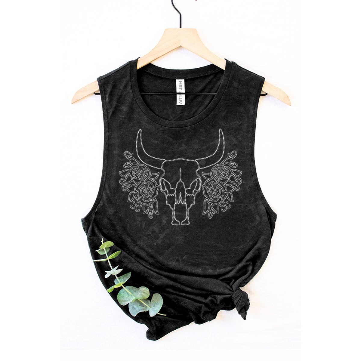 Black tank top with bull skull and roses.