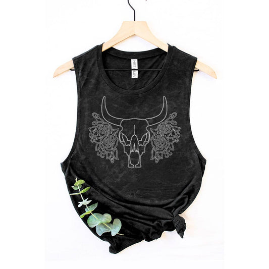 Black tank top with bull skull and roses.