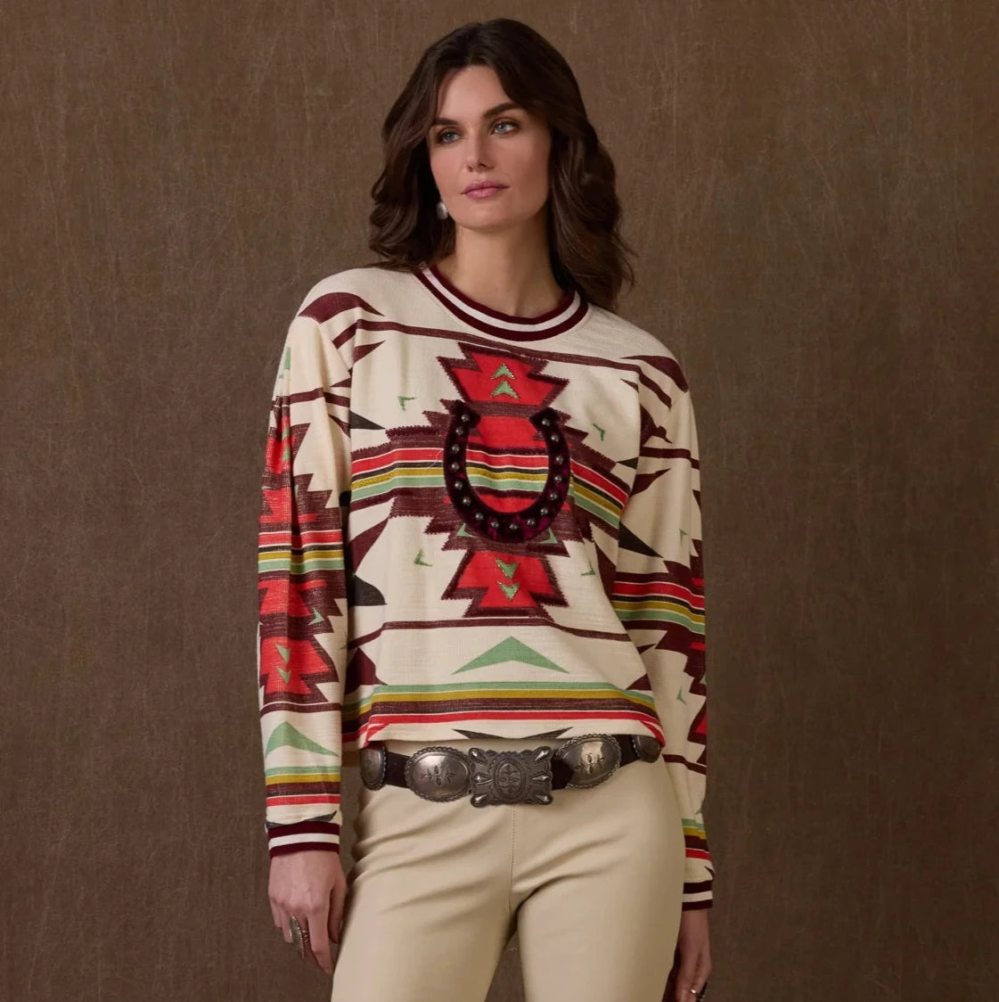 Woman wearing Sidekick Top with Native American design