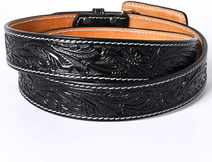 Black leather floral embossed belt