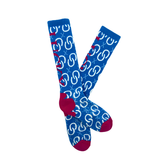 Blue socks with white pattern and red accents.