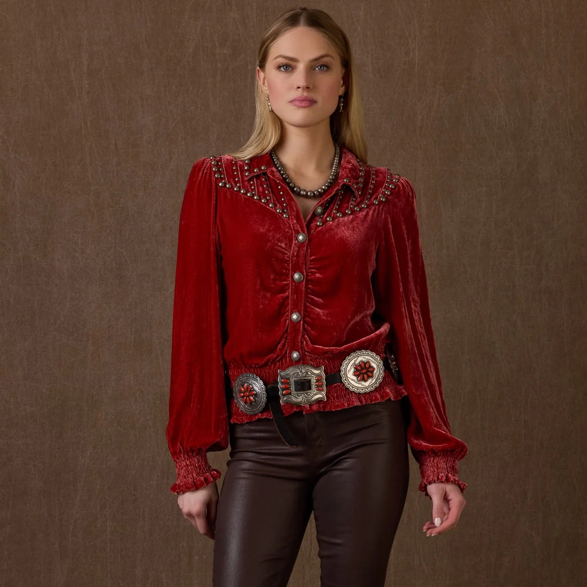 Etta Top red velvet western shirt