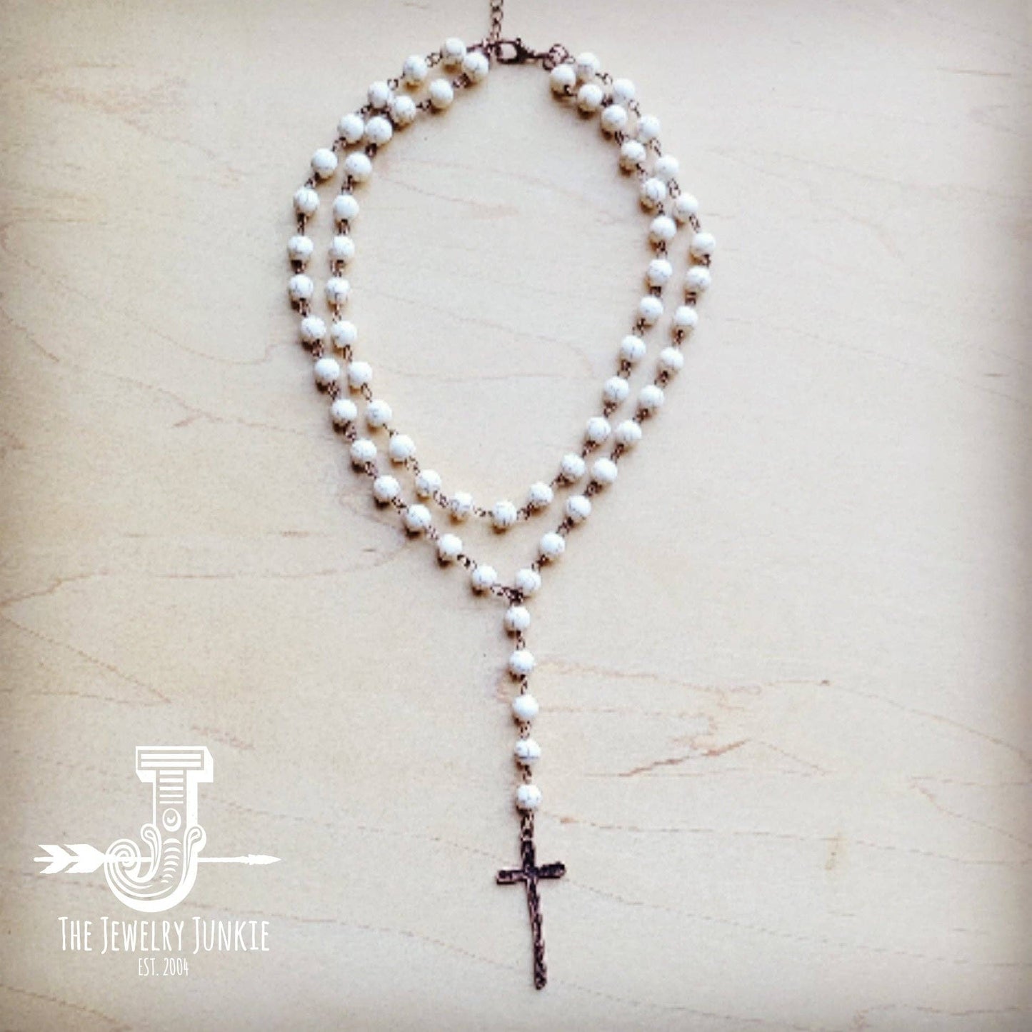 Double Strand Lariat White Turquoise Necklace wit Cross Charm