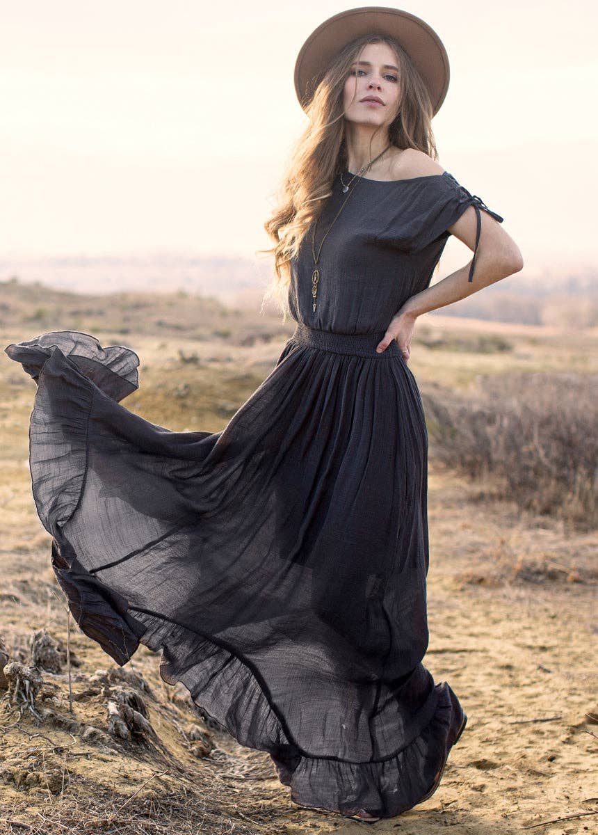 joyfolie dresses Gia Dress in Charcoal | Boho Maxi Dress Color:Picture Color Fabric Classification:LACE Opal Strapless Corset Wedding Adjustable shoulder straps with