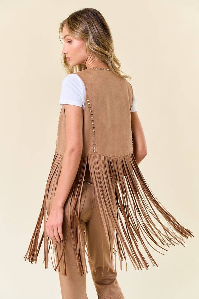 Tan Studded Long Fringe Faux Suede Vest
