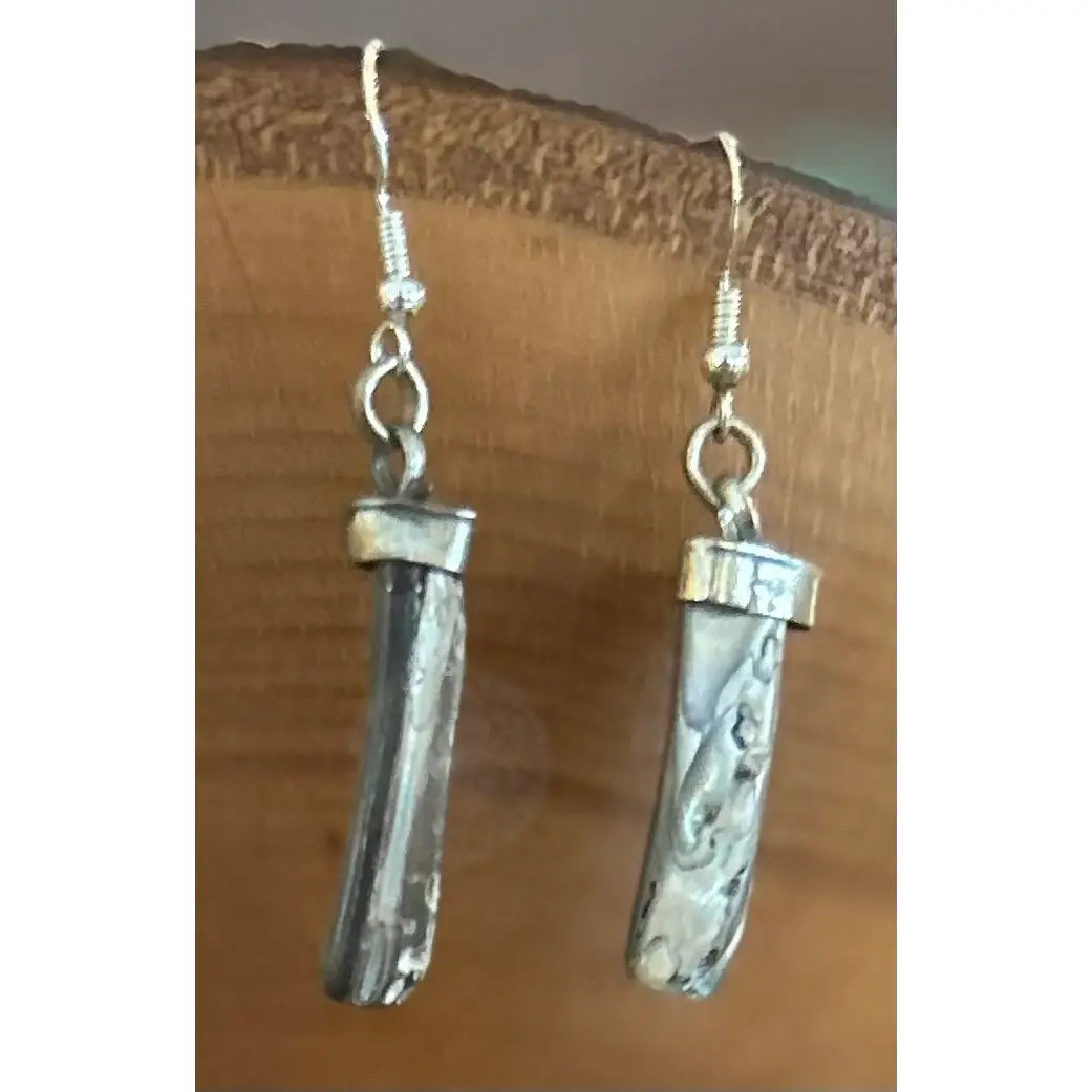 Silver gemstone earrings on wood