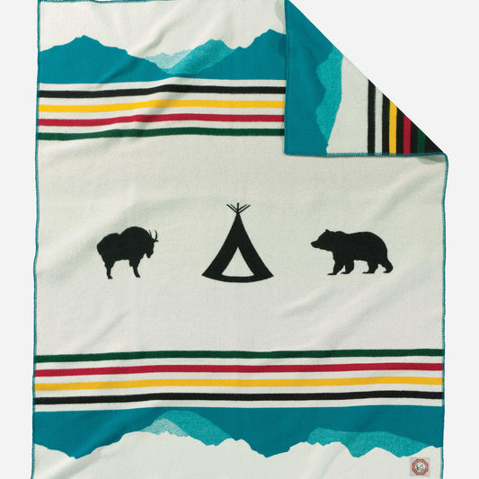 IVRY blanket with bison, teepee, and bear