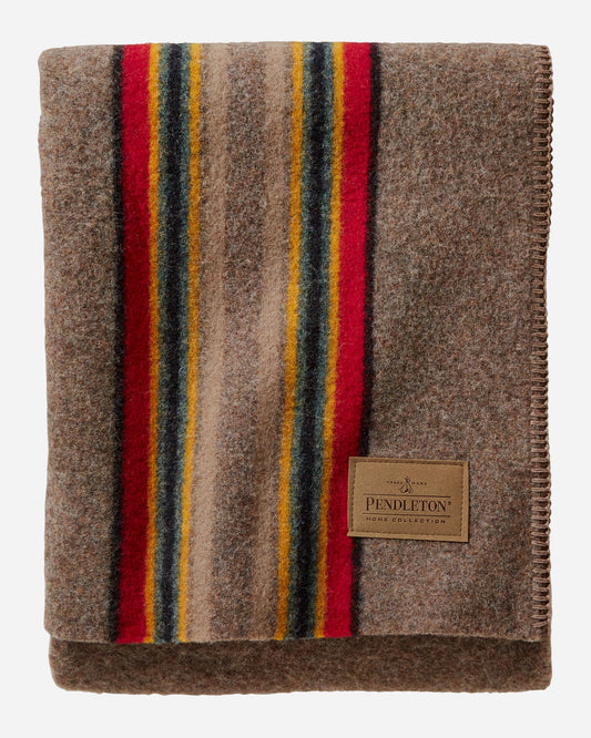 Brown blanket with red, yellow, and blue stripes.