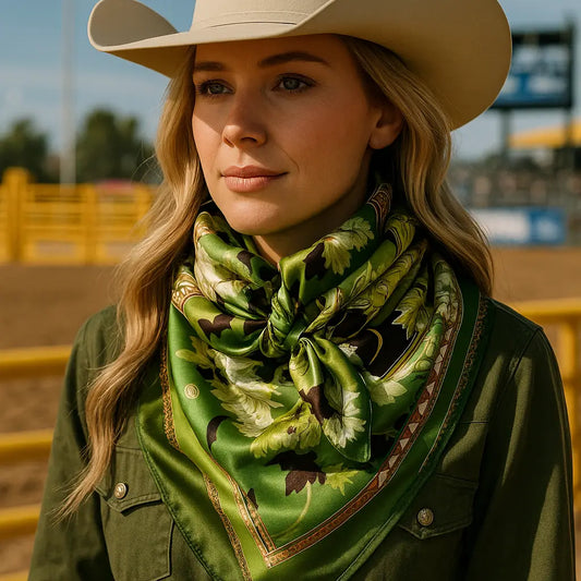 Cowgirl in hat with green floral scarf