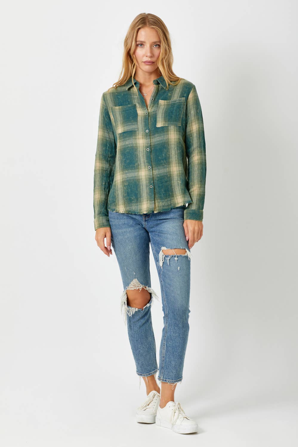 Fringe Bottom Washed Plaid Shirt