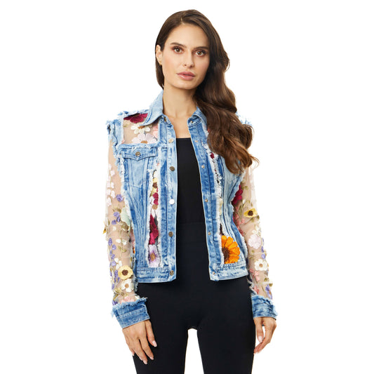 Floral embroidered denim jacket on woman