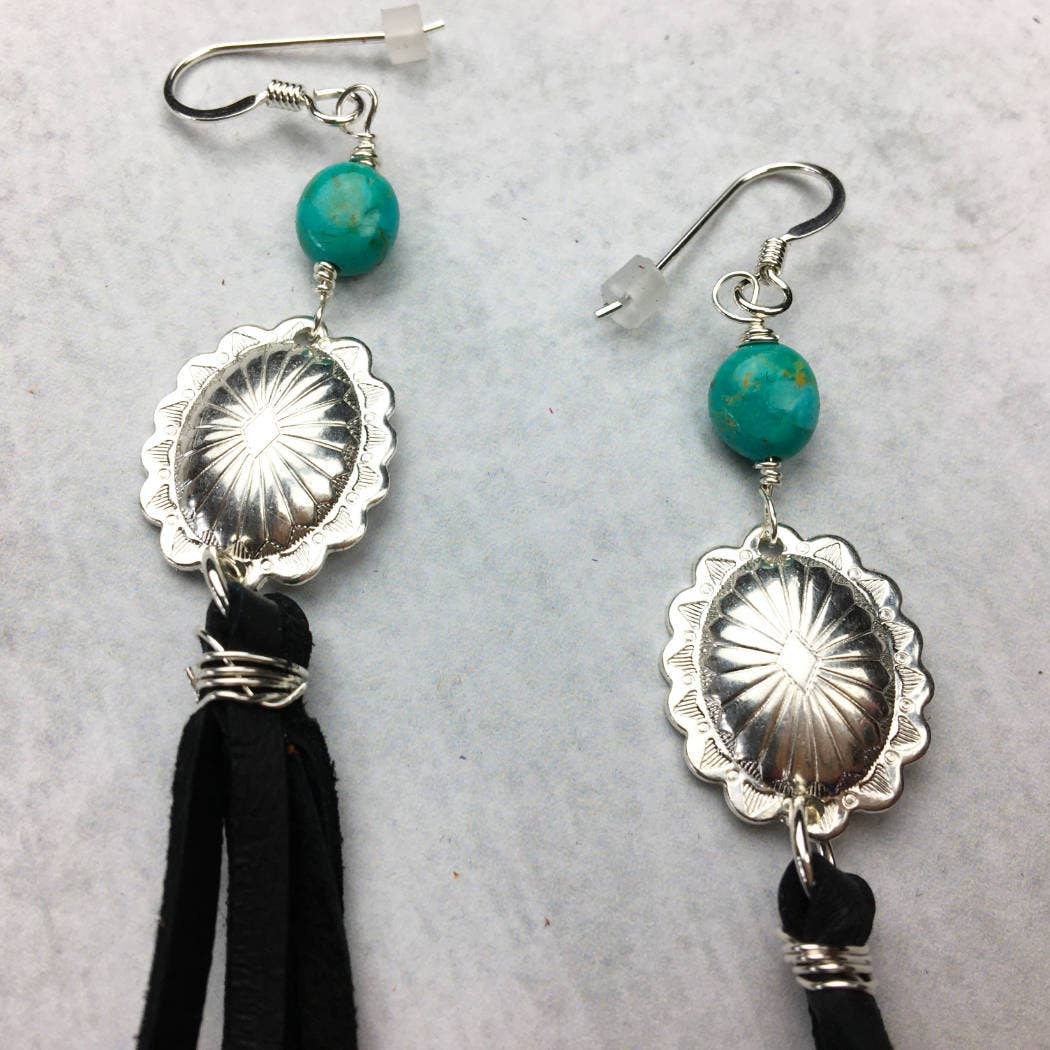 Concho and Turquoise Earrings with Leather Fringe - Quetzal