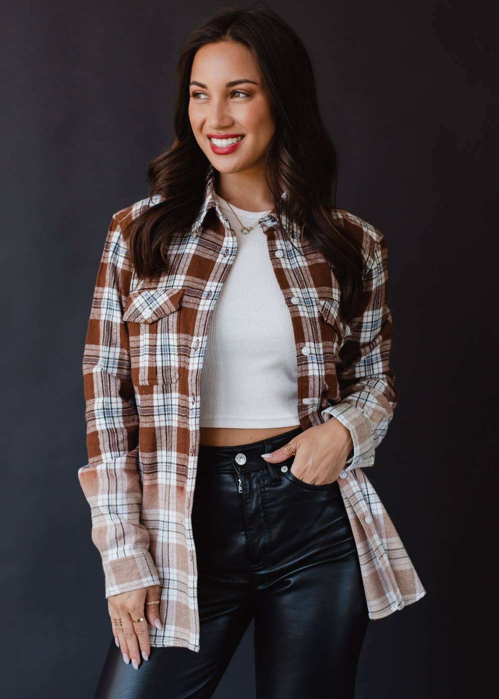 Brown, Black, Blue & White Plaid Flannel Shirt for Cowgirls