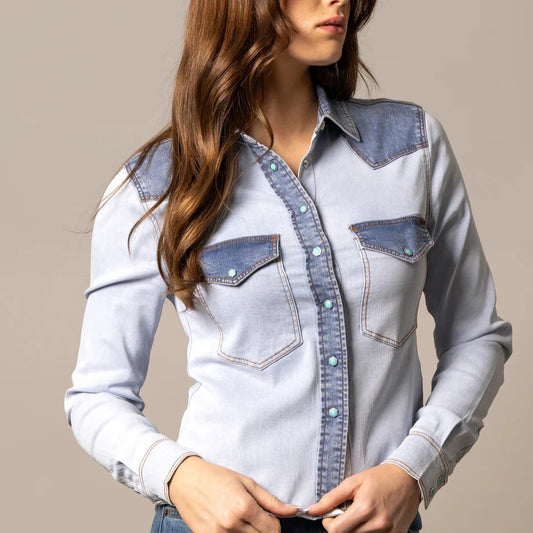 Rayna Snap Front Top by Kimes Ranch in Denim