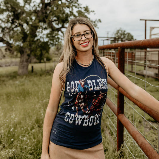 Woman in God Bless Cowboys tank top, 8L5A9570-2