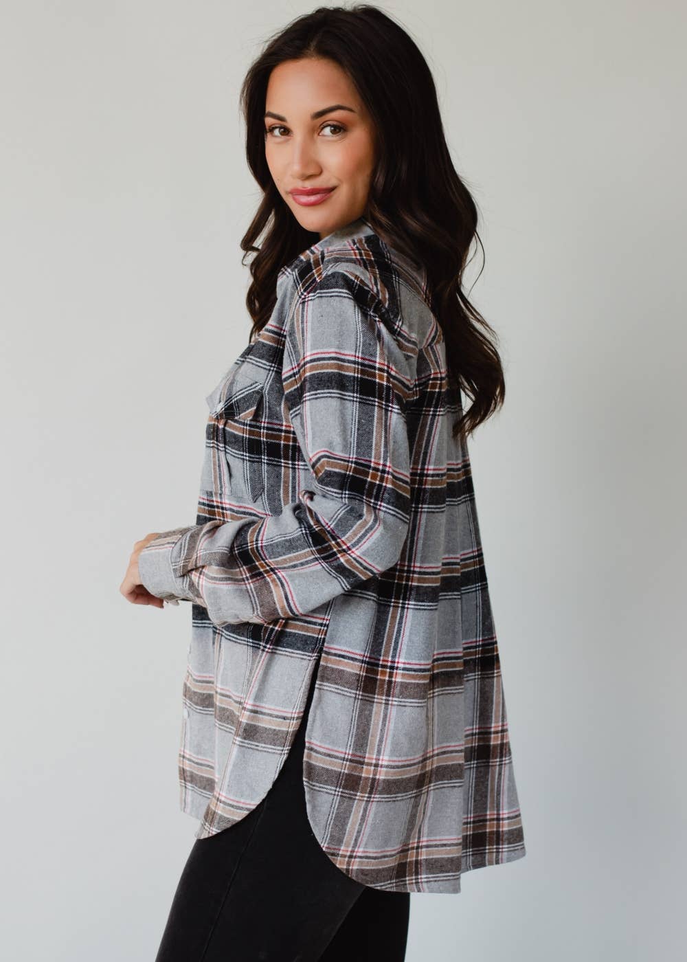 Gray, Red, Camel & Black Plaid Flannel Shirt for Western Women