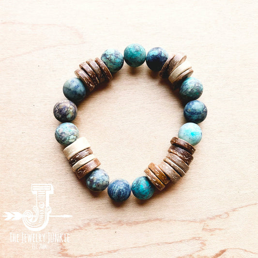 Beaded bracelet with wood and turquoise beads.