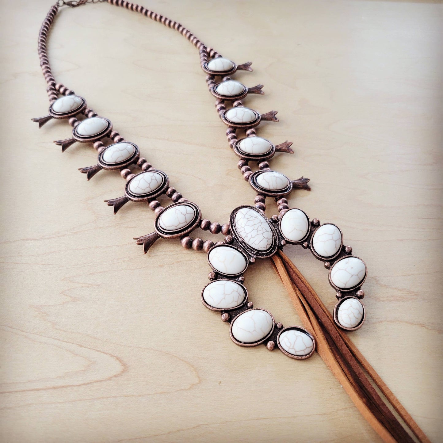 White Turquoise Squash Blossom Necklace w/ Tan Tassel 262a