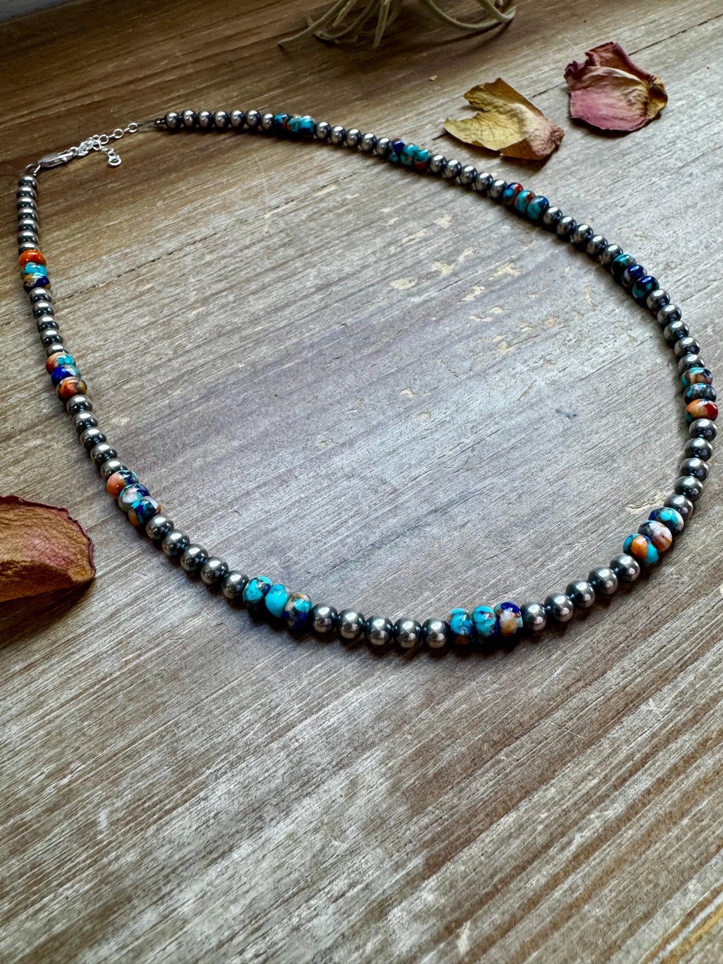 Silver beaded necklace with turquoise and spiny oyster accents