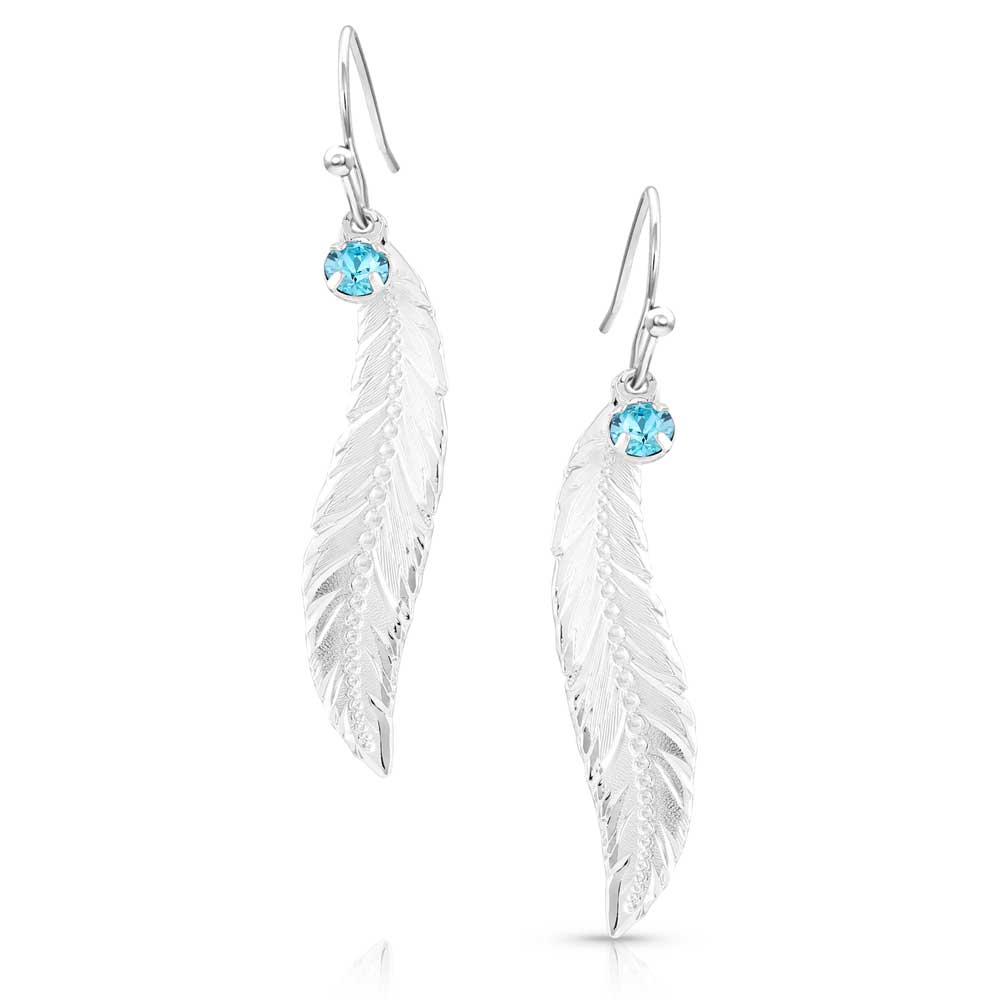 AMER5460 Silver Feather Earrings with Blue Gemstone