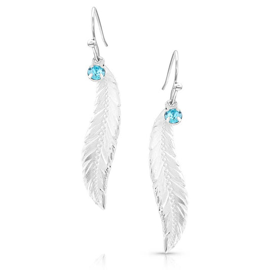 AMER5460 Silver Feather Earrings with Blue Gemstone