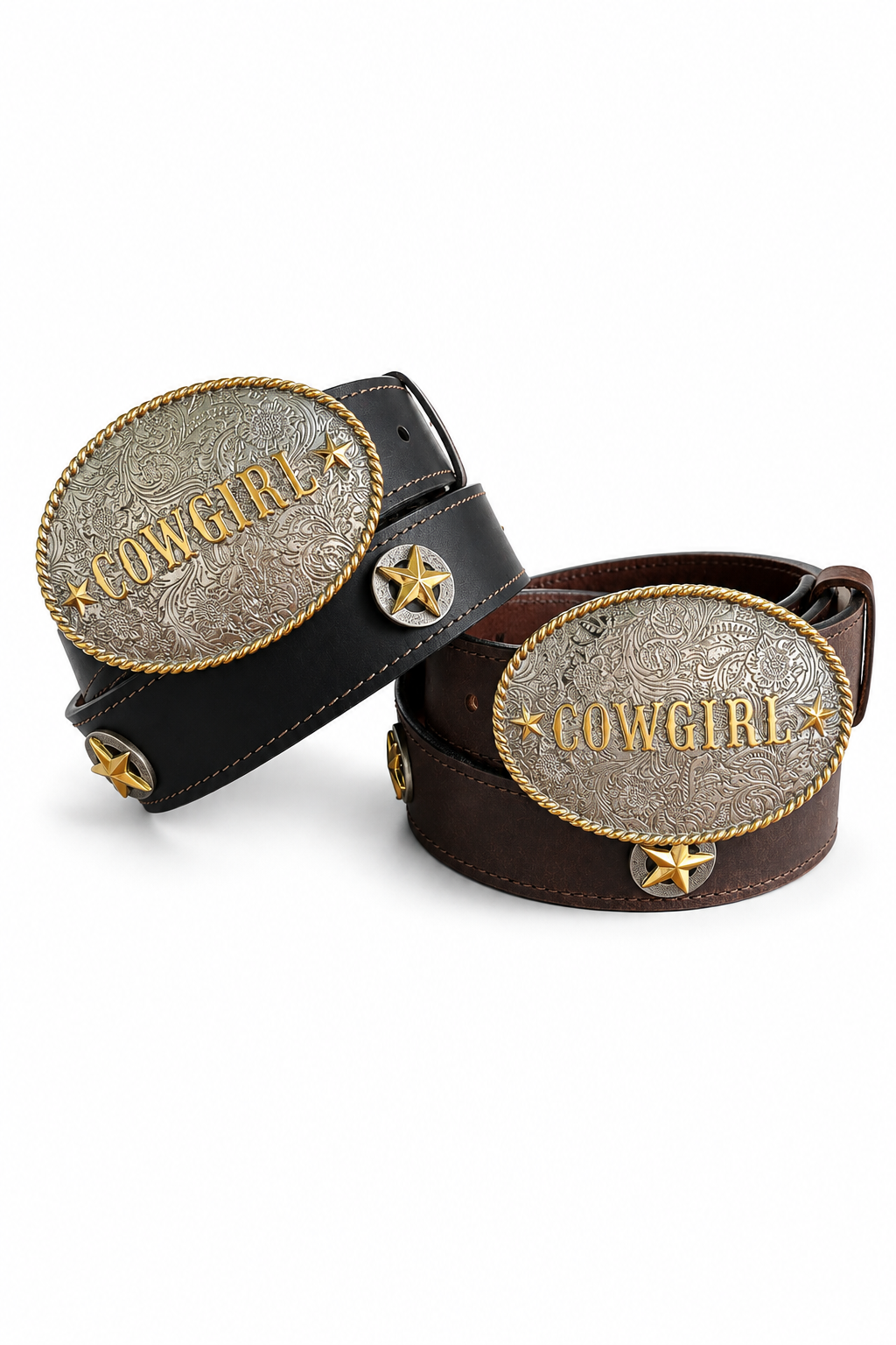 Annie Leather Belt with Cowgirl Buckle & Star Conchos in Brown - Bourbon Cowgirl Exclusive
