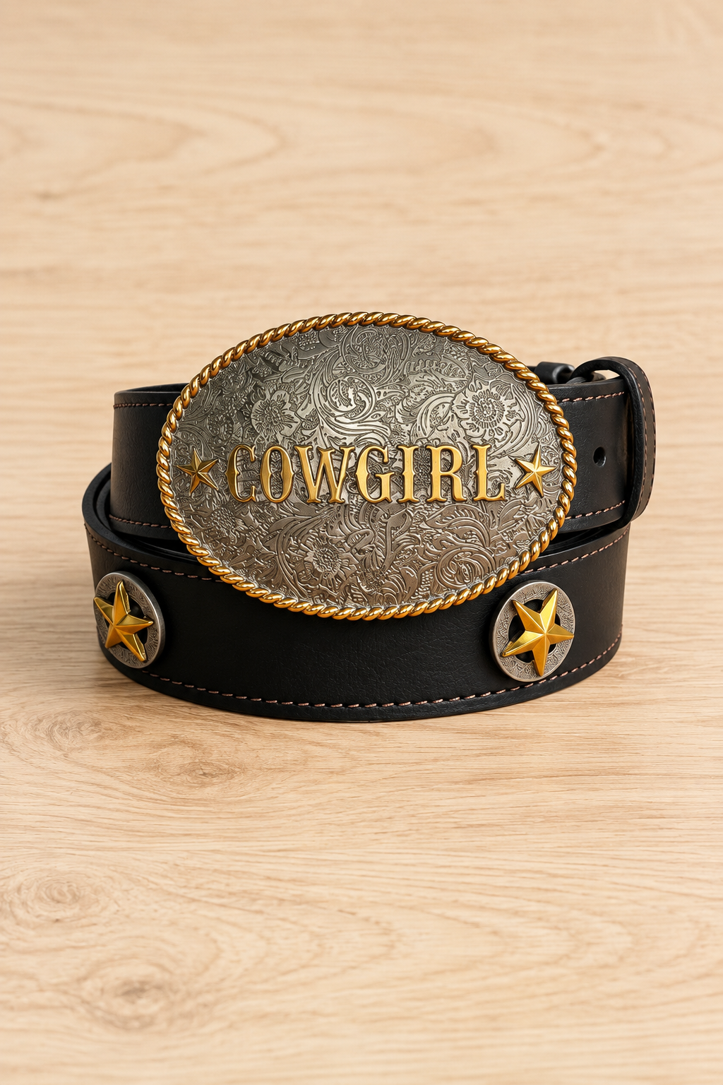 Annie Leather Belt with Cowgirl Buckle & Star Conchos in Black - Bourbon Cowgirl Exclusive