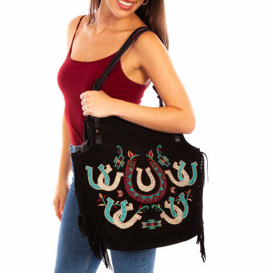 B214-HB black fringed tote bag with horseshoe design