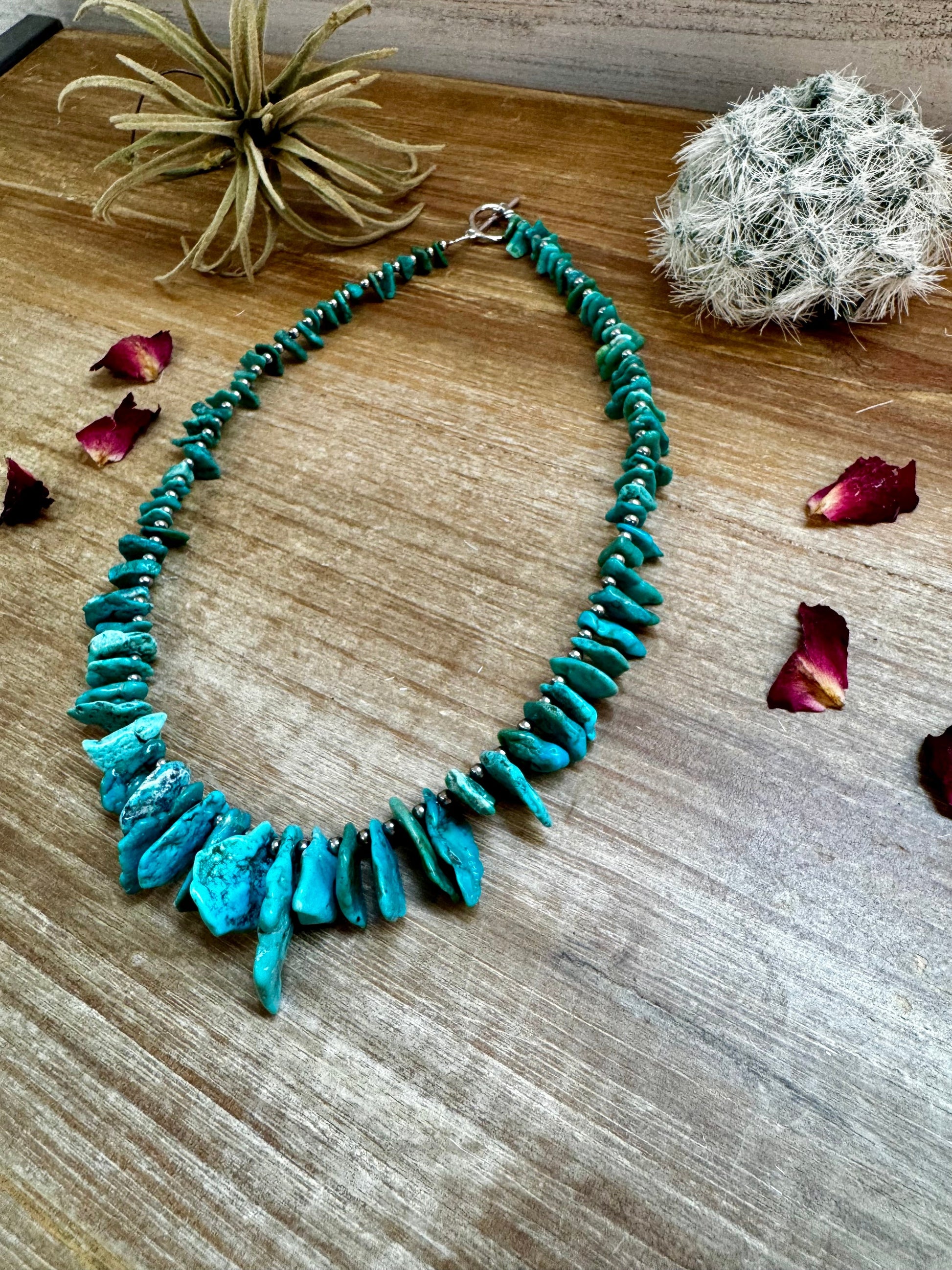 Turquoise necklace on wooden surface, BAA3E59D-8195-40E8-B3B3-AE04A3431368