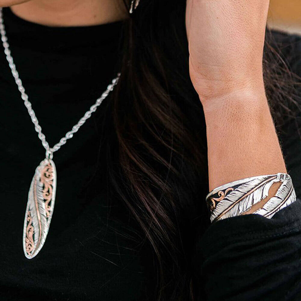 BC4222RG feather pendant necklace and cuff bracelet