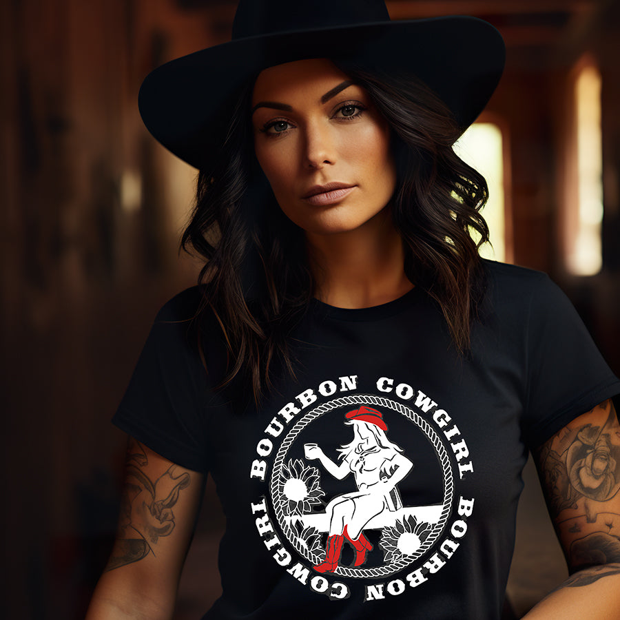 BC Brunette model wearing Bourbon Cowgirl shirt