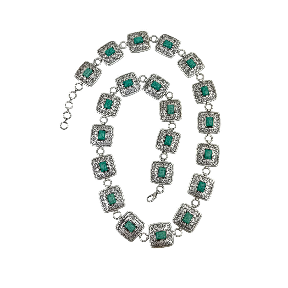 Green Stone & Silver Square Chain Link Western Belt for Cowgirls