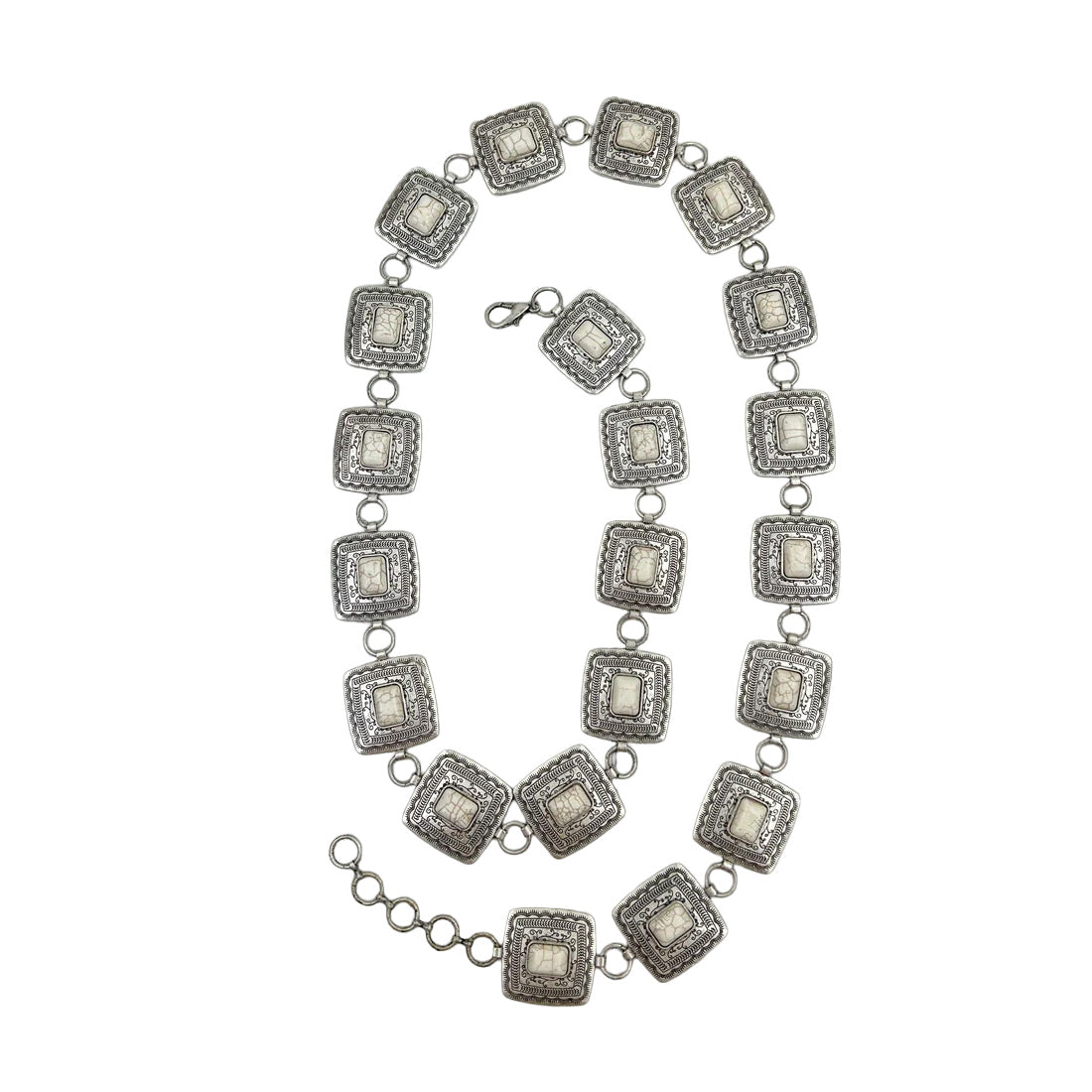 White Stone & Silver Square Chain Link Western Belt for Cowgirls