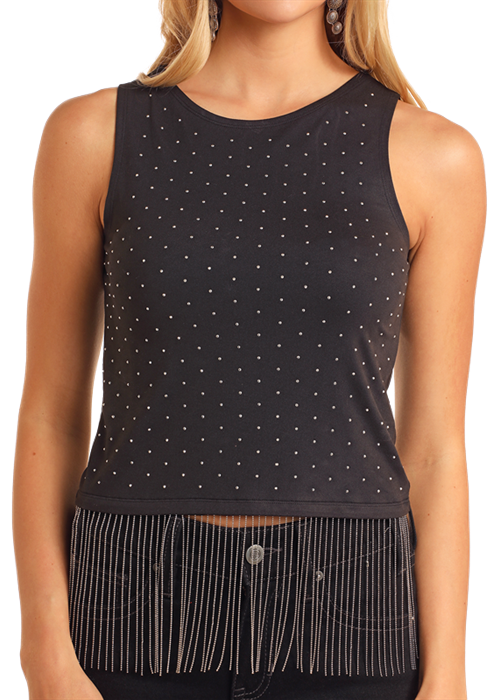 Black studded tank top with fringe