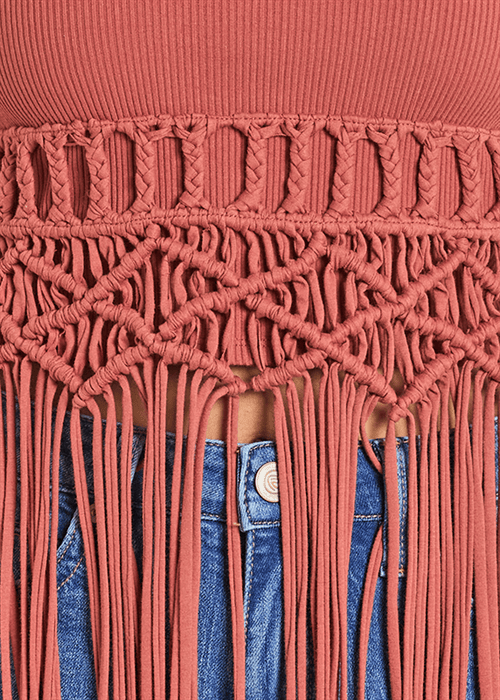 Coral fringe top with denim jeans detail