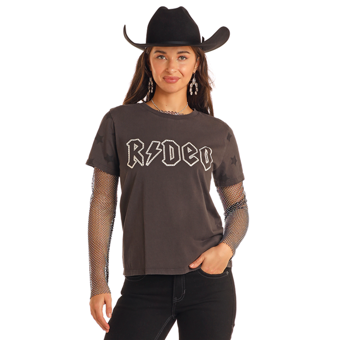 Rodeo graphic tee shirt featuring a woman wearing a cowboy hat.