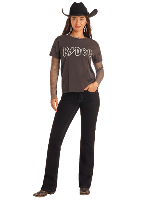 Woman in Rodeo tee and black jeans