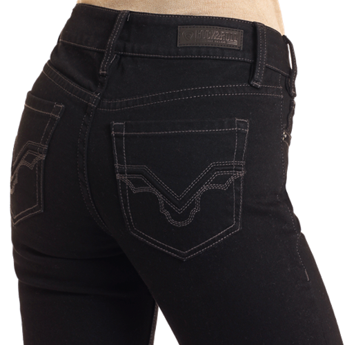 Black Harley-Davidson women's jeans, detail view of back pockets.