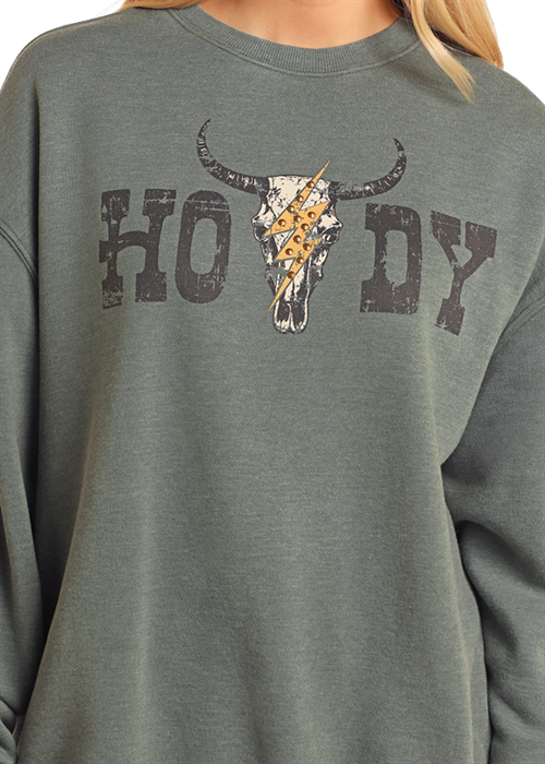 Green Howdy sweatshirt with bull skull graphic
