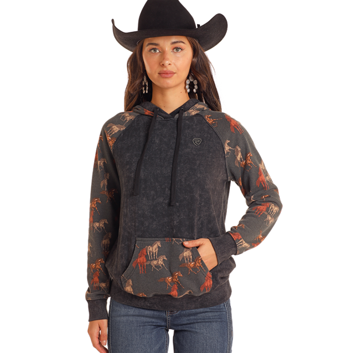 Cowgirl in hoodie with horse print